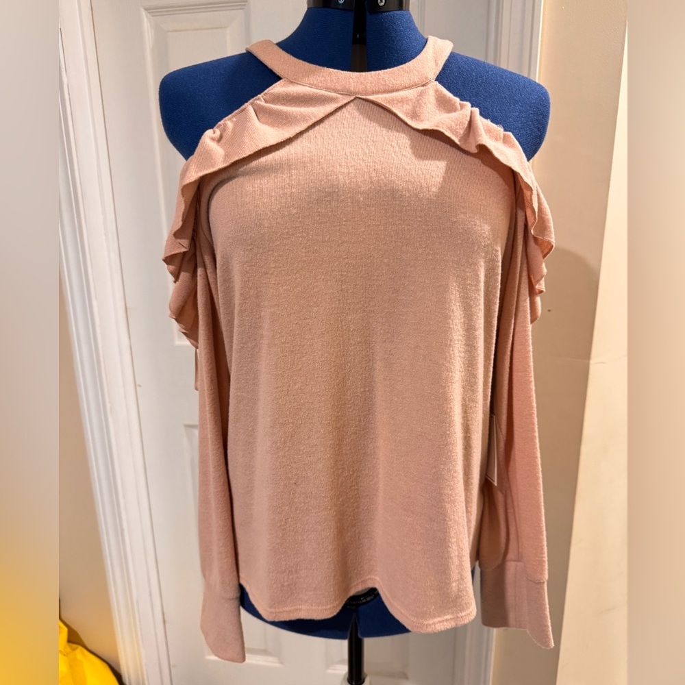 Women's Ruffled Pink Cold Shoulder Top